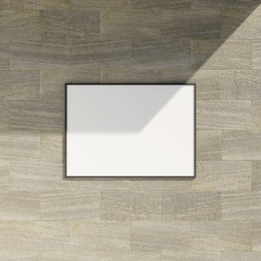 Mermer duvarda çerçeve modeli. Poster modeli. Temiz, modern, minimal çerçeve. Fotoğraf modeli asılıyor.