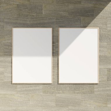 Mermer duvarda çerçeve modeli. Poster modeli. Temiz, modern, minimal çerçeve. Fotoğraf modeli asılıyor.