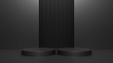 Boş podyum ya da karanlık arka planda ayakta duran boş ürün rafı kavramlı kaide görüntüsü. 3B görüntüleme.