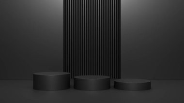 Boş podyum ya da karanlık arka planda ayakta duran boş ürün rafı kavramlı kaide görüntüsü. 3B görüntüleme.