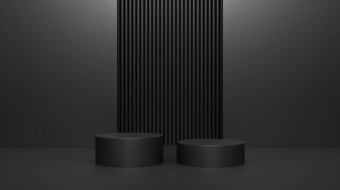 Boş podyum ya da karanlık arka planda ayakta duran boş ürün rafı kavramlı kaide görüntüsü. 3B görüntüleme.