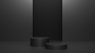 Boş podyum ya da karanlık arka planda ayakta duran boş ürün rafı kavramlı kaide görüntüsü. 3B görüntüleme.