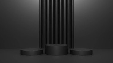 Boş podyum ya da karanlık arka planda ayakta duran boş ürün rafı kavramlı kaide görüntüsü. 3B görüntüleme.