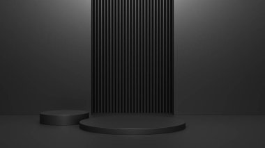 Boş podyum ya da karanlık arka planda ayakta duran boş ürün rafı kavramlı kaide görüntüsü. 3B görüntüleme.