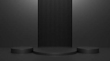 Boş podyum ya da karanlık arka planda ayakta duran boş ürün rafı kavramlı kaide görüntüsü. 3B görüntüleme.