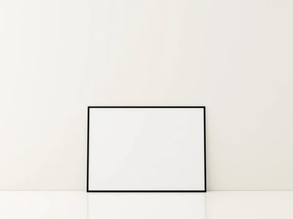 白色地板上站着一个附有海报模型的框架 最低限度的框架模型 3D渲染 — 图库照片
