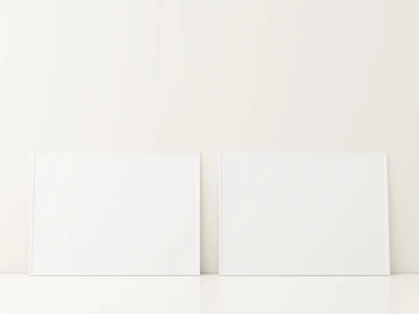白い床の上にポスターモックアップが立っているフレーム ミニマルなフレームモックアップ 3Dレンダリング — ストック写真