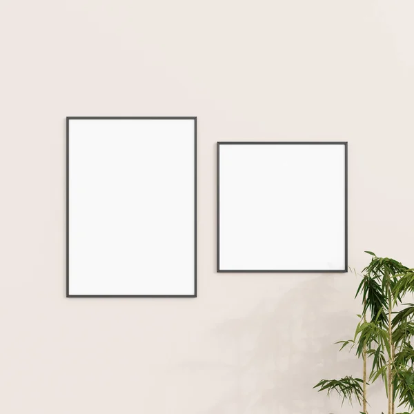 Minimale Rahmen Attrappe Weißer Wand Mit Bepflanzung Poster Attrappe Sauber — Stockfoto
