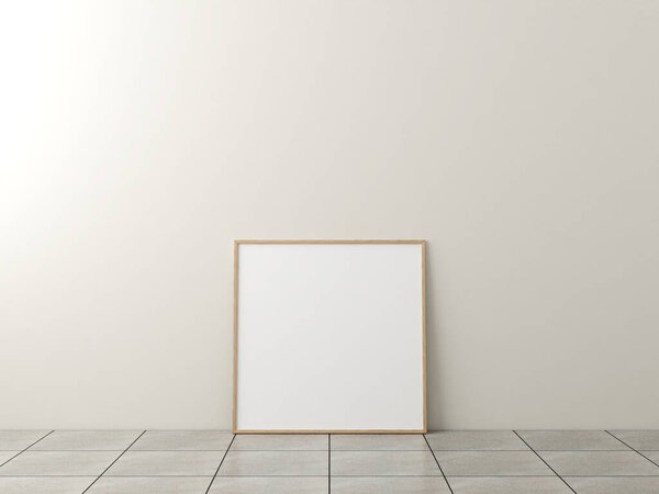 Photo frame mockup. Frame poster on marble floor with white wall. 3d rendering.