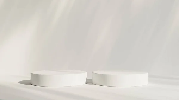 現実的な白いシリンダーの台座の表彰台セットと葉の影のオーバーレイを持つ抽象的な白い部屋 製品表示のための最小限のシーン ショーケースのための幾何学的なプラットフォーム — ストック写真
