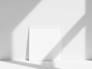 Pencere gölgesi olan beyaz duvara boş çerçeve