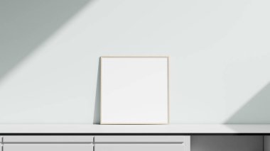 Beyaz arka planda ince çerçeveli ev içi poster modeli. 3B görüntüleme.