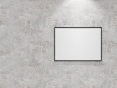 Kirli duvarda poster çerçevesi modeli. Poster modeli. Temiz, modern, minimal çerçeve. İçerideki boş çerçeve, metin veya ürünü göster