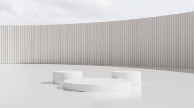 Gerçekçi 3D beyaz silindir, beyaz ve mavi gökyüzü arka planlı podyumda duruyor. Geometrik platform tasarımlı soyut stüdyo odası. Ürünlerin sergilenmesi ve tanıtımı için en küçük duvar sahnesi.
