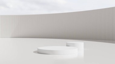 Gerçekçi 3D beyaz silindir, beyaz ve mavi gökyüzü arka planlı podyumda duruyor. Geometrik platform tasarımlı soyut stüdyo odası. Ürünlerin sergilenmesi ve tanıtımı için en küçük duvar sahnesi.