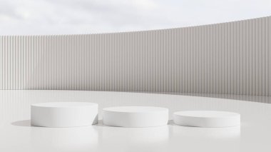 Gerçekçi 3D beyaz silindir, beyaz ve mavi gökyüzü arka planlı podyumda duruyor. Geometrik platform tasarımlı soyut stüdyo odası. Ürünlerin sergilenmesi ve tanıtımı için en küçük duvar sahnesi.