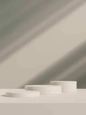 3D podyum pastel arka planı gölgeli. Güzellik, kozmetik ürün sunumu için doğa minumum kaidesi. Yaz ve bahar kopyalama alanı şablonu