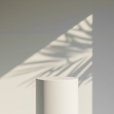 Gri arkaplanda gölge doğa yaprakları olan 3B ürün ekran podyum standı.