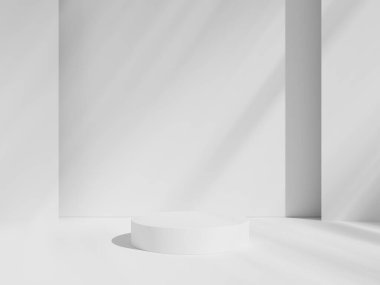 Podyum gösterisi veya vitrin için beyaz ve gri stüdyo odasındaki geometrik silindir şekilli arka plan minimalist modelleme