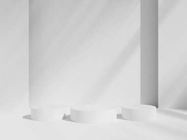 Podyum gösterisi veya vitrin için beyaz ve gri stüdyo odasındaki geometrik silindir şekilli arka plan minimalist modelleme
