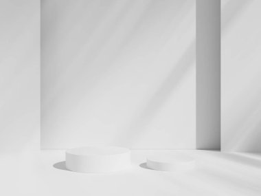 Podyum gösterisi veya vitrin için beyaz ve gri stüdyo odasındaki geometrik silindir şekilli arka plan minimalist modelleme