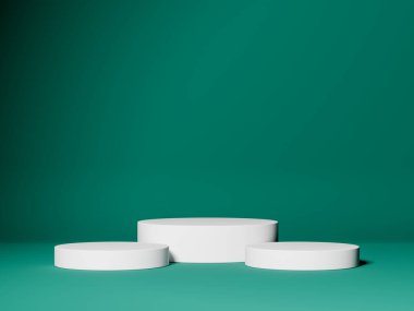 Beyaz podyum ya da platformlu gri arka planda kaide görüntüsü. Boş ürün rafı ayakta duruyor