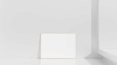 Beyaz duvardaki çerçeve modeli. Poster modeli. Temiz, modern, minimal çerçeve. İçerideki boş çerçeve, metin veya ürünü göster