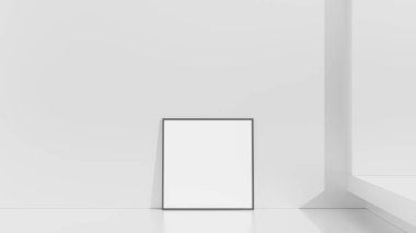 Beyaz duvardaki çerçeve modeli. Poster modeli. Temiz, modern, minimal çerçeve. İçerideki boş çerçeve, metin veya ürünü göster