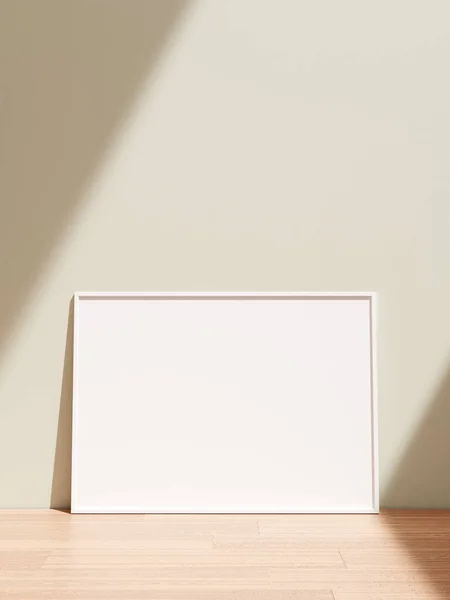 Moldura Cartaz Mockup Chão Madeira Sala Estar Com Sombra — Fotografia de Stock