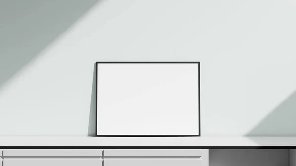白い壁の背景に薄いフレームとホームインテリアポスターモックアップ 3Dレンダリング — ストック写真