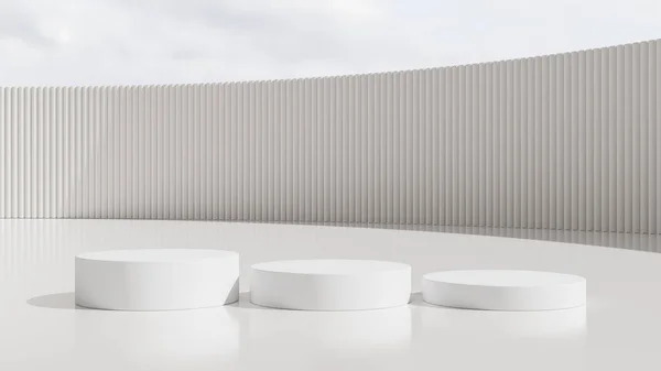 Gerçekçi 3D beyaz silindir, beyaz ve mavi gökyüzü arka planlı podyumda duruyor. Geometrik platform tasarımlı soyut stüdyo odası. Ürünlerin sergilenmesi ve tanıtımı için en küçük duvar sahnesi.