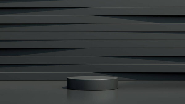 Round black podium in a black empty room with abstract background. Abstract rendering of a 3d shape for the presentation of cosmetic products