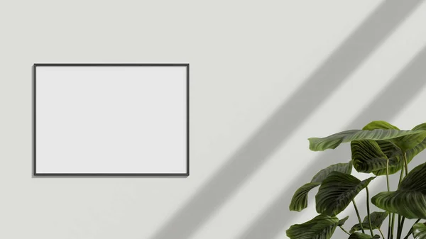 墙上的空白招贴画架上有植物 空白海报框模型 空的相框模型 空白相框 — 图库照片
