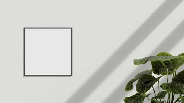墙上的空白招贴画架上有植物 空白海报框模型 空的相框模型 空白相框 — 图库照片