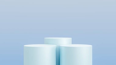 Mavi arka planlı soyut 3D mavi silindir kaide podyumu. Ürün gösterimi için ışıklandırmalı Pastel mavi minimal sahne.