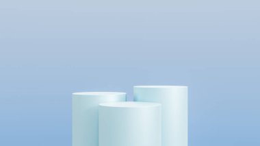Mavi arka planlı soyut 3D mavi silindir kaide podyumu. Ürün gösterimi için ışıklandırmalı Pastel mavi minimal sahne.
