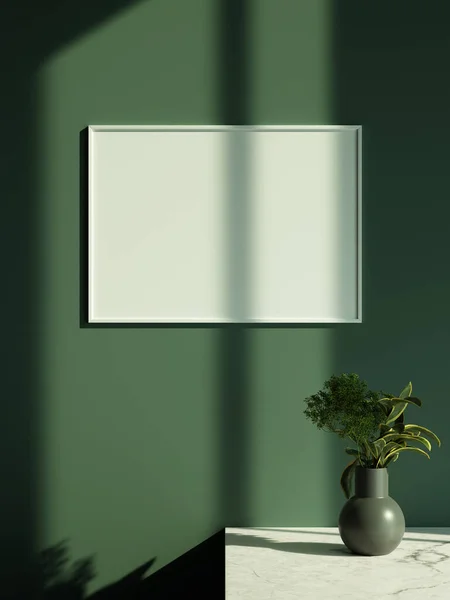 Minimalist oturma odası tarzı, duvarında poster çerçevesi asılı ve güneş ışığı pencere gölgesi