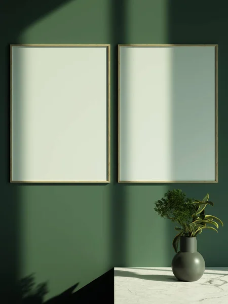 Minimalist oturma odası tarzı, duvarında poster çerçevesi asılı ve güneş ışığı pencere gölgesi