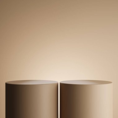 Kahverengi arkaplandaki silindir kahverengi podyum ürün standı için minimalist tarzla