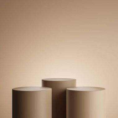 Kahverengi arkaplandaki silindir kahverengi podyum ürün standı için minimalist tarzla