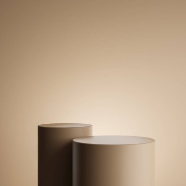 Kahverengi arkaplandaki silindir kahverengi podyum ürün standı için minimalist tarzla