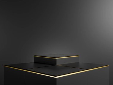 Gradyan koyu gri arkaplanı olan minimalist siyah altın kürsü