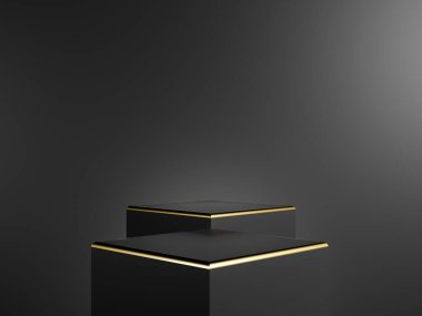 Gradyan koyu gri arkaplanı olan minimalist siyah altın kürsü