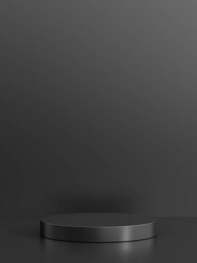 Ürün ekran platformlu basit boş siyah metal arka plan. Boş stüdyo, siyah bir arkaplanda daire şeklinde podyum kaidesi var..