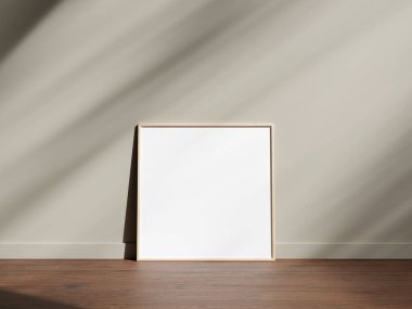 Ahşap zeminde gölgeli asgari resim çerçeve modeli