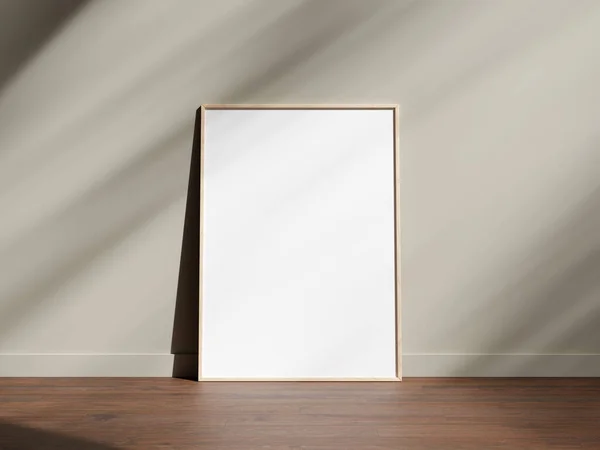 stock image Minimal picture poster frame mockup on wooden floor with shadow