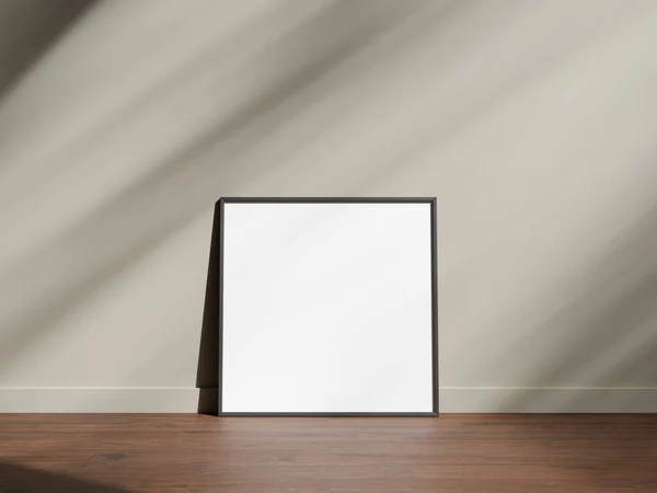 stock image Minimal picture poster frame mockup on wooden floor with shadow