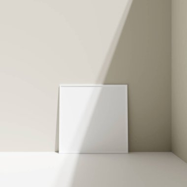 Poster fotoğraf çerçevesi gölgeli zemindeki pastel duvara yaslanmış.