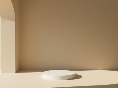 3D podyum pastel kahverengi arka plan, gölgeli. Güzellik için minimum kaide, kozmetik ürün sunumu. yaz ve bahar kadınsı kopya alanı şablonu