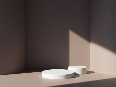 3D podyum pastel kahverengi arka plan, gölgeli. Güzellik için minimum kaide, kozmetik ürün sunumu. yaz ve bahar kadınsı kopya alanı şablonu